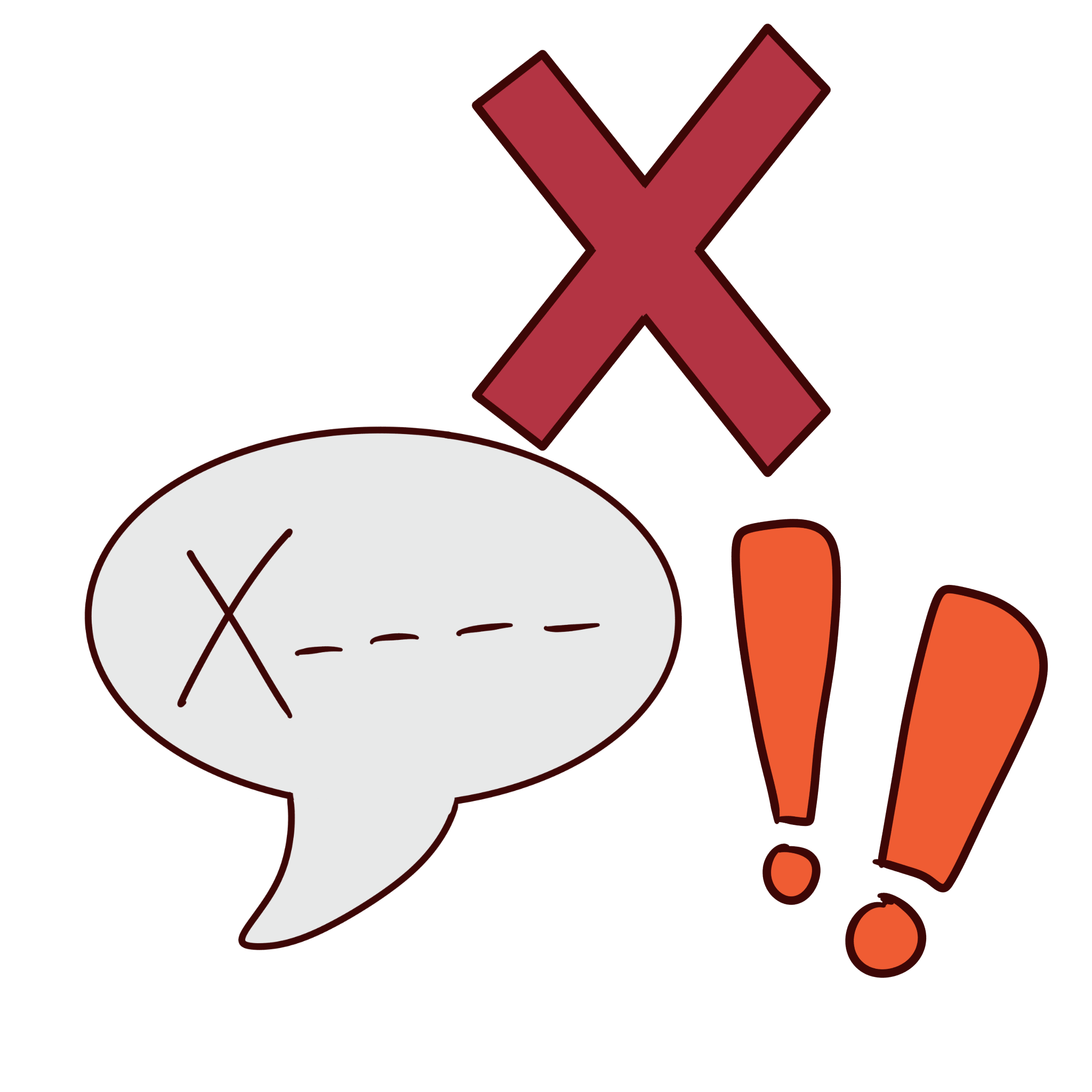 a speech bubble with an x’d out word, a red x and two orange exclamation marks.